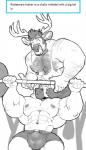 anthro antlers balls barbell bench_press biceps bodily_fluids body_hair bulge bulge_in_face chest_hair clothed clothing cum cum_in_clothing cum_through_clothing deer duo english_text equid equine erection exercise fur genital_fluids genitals hair hi_res horn horse kihu male male/male mammal muscular muscular_male nipple_piercing nipples pecs penis piercing raised_arm sexercise shirt simple_background tank_top text topless topwear weightlifting wet wet_clothing white_background workout