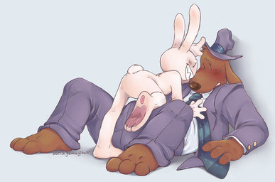 3_toes 4_fingers anthro blush brown_body bulge butt clothed clothed/nude clothed_male clothing duo erection erection_under_clothing featureless_crotch feet fingers larger_male larger_sub male male/male nude paws plantigrade size_difference smaller_male submissive tail teeth toes white_body walnutgecko sam_and_max max_(sam_and_max) samuel_dog canid canine canis domestic_dog lagomorph leporid mammal rabbit 2020 hi_res