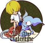 blonde_hair blue_body blue_skin crossgender duo female hair male not_furry red_eyes text morphine_(artist) earthbound_(series) nintendo giygas porky_minch alien human mammal