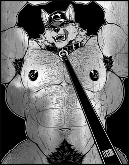 abs anthro areola armpit_hair biceps big_muscles body_hair chest_hair collar first_person_view forearm_muscles furgonomic_hat furgonomic_headwear furgonomics hands_above_head leash leash_pull leashed_collar licking licking_lips looking_at_viewer male muscular muscular_anthro muscular_male navel nipples obliques pubes serratus solo text tongue tongue_out vein veiny_muscles revelion romulus_(revelion) canid canine canis mammal wolf 2026 artist_name black_and_white hi_res monochrome