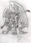 anthro back_wings beak claws clenched_teeth clothed clothing crouching digitigrade feathered_wings feathers feet finger_claws hindpaw horn male paws shirt solo tail tail_tuft teeth toe_claws topwear tuft tunic wings herbie_bearclaw mythology avian gryphon mythological_avian mythological_creature 1999 full-length_portrait graphite_(artwork) greyscale monochrome portrait signature sketch traditional_media_(artwork)