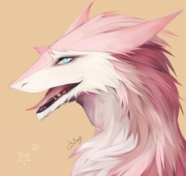 ambiguous_gender anthro blue_eyes cheek_tuft countershading facial_tuft fur head_tuft neck_tuft open_mouth pink_body pink_ears pink_fur pink_tongue sharp_teeth side_view simple_background solo star teeth text tongue tuft white_body white_countershading white_fur yellow_background akrolayn mammal sergal 2015 artist_name bust_portrait digital_media_(artwork) digital_painting_(artwork) hi_res painting_(artwork) portrait shaded unavailable_at_source