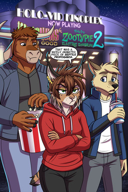 5_fingers anthro beverage black_nose brown_body brown_fur brown_hair dialogue eating female fingers food fur group hair hooves horn humanoid_hands male markings movie_theater pink_nose popcorn speciesism speech_bubble spots spotted_body spotted_fur tail tan_body tan_fur text trio unimpressed heresy_(artist) disney lancer:_the_knights_of_fenris wicked_(movie) zootopia bosco_mattrick jake_marshall mika_fadeneir bovid bovine canid canine canis cattle domestic_dog felid feline lynx mammal 2025 2:3 digital_media_(artwork) english_text hi_res