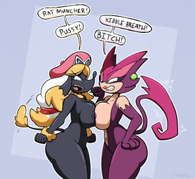 accessory after_transformation alternate_species angry anthro areola argument big_areola big_breasts big_butt biped black_areola black_body black_nose black_skin blue_background blue_eyes breast_squish breasts butt cat_tail claws clenched_teeth dialogue dog_tail duo ear_piercing ear_ring eyebrows eyelashes eyewear eyewear_on_head female fur fur_hair furrification gesture glistening glistening_body glistening_skin gloves_(marking) hair hair_accessory hairband hand_gesture hand_on_hip lips long_hair markings motion_lines navel nude nude_anthro nude_female open_mouth piercing pink_beret pointing pointing_at_another purple_areola purple_body purple_fur ring_piercing shaved shaved_tail simple_background speech_bubble squish standing sunglasses sunglasses_on_head talking_to_another tan_body tan_fur teeth thick_thighs tongue wearing_sunglasses white_sclera wide_hips yellow_body yellow_fur chabble nintendo pokemon team_rocket jessie_(team_rocket) serena_(pokemon) furfrou generation_5_pokemon generation_6_pokemon pokemon_(species) purrloin 2025 colored digital_drawing_(artwork) digital_media_(artwork) hi_res signature
