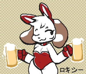 alcohol anthro beer beer_mug beverage breasts brown_body bunny_costume checkered checkered_background choker clothing costume female female_anthro foam gloves handwear jewelry navel necklace one_eye_closed pattern_background red_bunny_costume simple_background solo text thick_thighs white_body wink pugzysixtyfour roxy_boxen beagle canid canine canis domestic_dog hunting_dog mammal scent_hound japanese_text