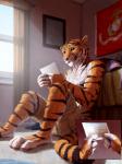 2019 3:4 4_toes 5_fingers anthro barefoot bed biped chorpion clothed clothing conditional_dnp detailed_background feet felid fingers fur furniture hi_res male mammal orange_body orange_fur pantherine sitting solo striped_body striped_fur stripes tiger titusw toes topless whiskers