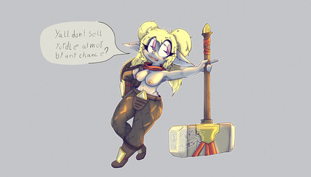 anthro areola armor blonde_hair boots breasts clothed clothing dialogue exposed_breasts female footwear front_view hair hammer leaning maul messy_hair nipples shield shoes solo speech_bubble text tools topless dawrklawst league_of_legends riot_games tencent poppy_(lol) yordle absurd_res english_text hi_res