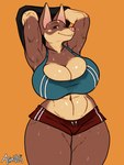 2023 3:4 abs absurd_res anthro athosvds big_breasts bodily_fluids bottomwear bra breasts brown_body brown_fur canid canine canis cleavage clothed clothing curvy_figure digital_drawing_(artwork) digital_media_(artwork) dobermann domestic_dog female flat_colors fur glistening glistening_abs glistening_body glistening_breasts glistening_muscles hi_res hotpants huge_breasts mammal navel orange_background pink_nose pinscher shorts signature simple_background smile solo sports_bra sweat sweat_stain sweaty_abs sweaty_armpit sweaty_arms sweaty_breasts sweaty_legs sweaty_thighs teal_bra teal_sports_bra thick_thighs tracy_porter underwear wide_hips