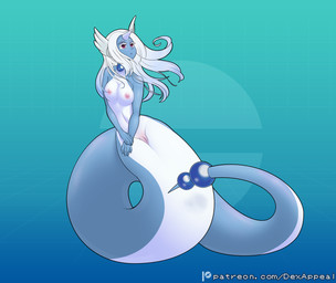 apode areola blue_body breasts eyelashes female genitals hair head_wings horn legless lips long_hair membrane_(anatomy) monster_girl_(genre) nipples nude pokemorph purple_eyes purple_lips serpentine solo split_form tail thick_eyelashes unusual_wing_placement vulva webbed_hands white_body white_eyelashes white_hair wings dex_appeal nintendo pokemon draconcopode dragonair generation_1_pokemon humanoid lamia pokemon_(species) reptile scalie snake hi_res
