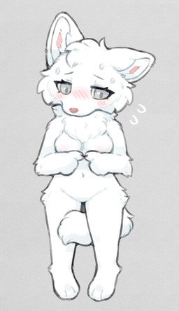 anthro blush bodily_fluids breasts female fingertips_touching fluffy fluffy_tail fur grey_background grey_eyes hair looking_down navel neck_tuft one_ear_up shy simple_background solo sweat sweatdrop tail tail_between_legs tuft white_body white_fur white_hair wolfwithwing arctic_fox canid canine fox mammal true_fox absurd_res digital_media_(artwork) hi_res