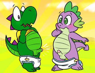 anthro balls blush clothed clothing clothing_lift comparing comparing_penis diaper duo erection foreskin genitals green_body green_eyes green_scales humanoid_genitalia humanoid_penis male non-mammal_balls non-mammal_foreskin partially_retracted_foreskin penis purple_body purple_scales retracted_foreskin scales semi-anthro shirt shirt_lift shota small_penis tail toddler topwear young young_anthro nishi_oxnard friendship_is_magic hasbro my_little_pony mythology donnie_the_dino spike_(mlp) dinosaur dragon mythological_creature mythological_scalie prehistoric_species reptile scalie