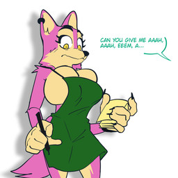 anthro apron apron_only big_breasts blush breasts cheek_tuft clothing ear_piercing eyebrow_piercing facial_piercing facial_tuft female female_anthro huge_breasts inner_ear_fluff multicolored_body notebook offscreen_character pen piercing pink_body skinny skinny_anthro skinny_female solo speech_bubble standing tail tan_body text top_heavy tuft two_tone_body yellow_eyes klacket i_mean_breast_milk kyoko_(klacket) canid canine fox mammal 1:1 2024 absurd_res digital_drawing_(artwork) digital_media_(artwork) english_text hi_res meme shaded