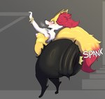 anthro big_butt blush breasts butt butt_slap duo female fluffy fluffy_tail huge_butt male male/female multicolored_body nude offscreen_character onomatopoeia simple_background slap small_breasts sound_effects spanking surprised_expression tail text thick_thighs ruminoul nintendo pokemon braixen generation_6_pokemon pokemon_(species) absurd_res hi_res