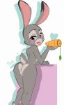 2016 alternate_version_at_source anthro anus blush butt carrot_dildo chronicsoda disney female fur genitals grey_body grey_fur heart_symbol hi_res improvised_dildo improvised_sex_toy judy_hopps lagomorph leporid looking_at_viewer looking_back mammal nude open_mouth pink_nose purple_eyes pussy rabbit rear_view sex_toy simple_background solo tongue tongue_out vibrator white_background zootopia