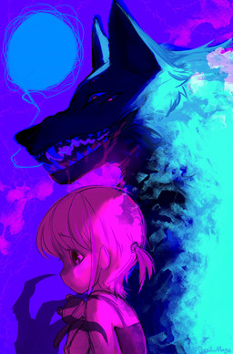 3_eyes ambiguous_gender blue_body claws dialogue duo fangs feral hair multi_eye pink_body purple_background purple_eyes shadow_claw simple_background speech_bubble teeth text young basil_mage canid canine canis human mammal wolf digital_drawing_(artwork) digital_media_(artwork) english_text hi_res