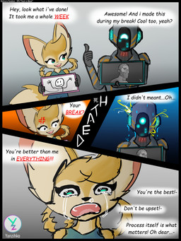 angry anthro blonde_hair bodily_fluids bubble crying dialogue female fur green_eyes hair machine snot snot_bubble tail tears text white_body white_fur yellow_body yellow_fur yanzihko paradox_interactive stellaris canid canine fox humanoid mammal mammalian_(stellaris) mammalian_3 robot robot_humanoid 3:4 absurd_res comic english_text hi_res