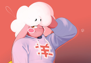 afro anthro blush clothed clothing ear_piercing femboy flushed_face fur gold_(metal) gold_jewelry hair hand_in_hair hoodie jewelry male piercing pink_body pink_fur ring_piercing simple_background smile solo text text_on_clothing topwear touching_hair translucent translucent_hair white_hair kureto arryn_(kureto) bovid caprine mammal sheep digital_media_(artwork) hi_res japanese_text