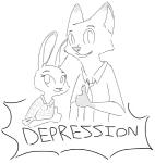 ambiguous_gender anthro cheek_tuft clothed clothing depression dipstick_ears duo ear_markings facial_tuft gesture grin hand_gesture humor multicolored_ears necktie shirt smile text thumbs_up topwear tuft visiti disney zootopia judy_hopps nick_wilde canid canine fox lagomorph leporid mammal rabbit red_fox true_fox black_and_white english_text monochrome sketch