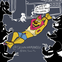 ambushed anthro armpit_fetish armpit_hair arms_tied bdsm belly_exposed bodily_fluids body_hair bondage bound bulge clothed clothing crowd feet_tied feral floor group hair kitchen lying male mane nervous on_back raised_clothing raised_shirt raised_tank_top raised_topwear red_hair scared shirt silhouette size_difference solo sweat sweat_stain sweatdrop tank_top text topwear underwear worried srirachamander felid lion mammal mouse murid murine pantherine rat rodent 1:1 english_text hi_res
