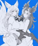 accessory arm_around_waist blush breasts butt butt_grab clothed clothing eyewear female fox_tail glasses group hair_accessory hand_on_butt hug looking_at_viewer male male/female nipples no_underwear simple_background tail tongue tongue_out topless trio suee8720 league_of_legends riot_games tencent ahri_(lol) fan_character star_guardian_ahri star_guardian_xayah xayah_(lol) avian canid canine fox humanoid mammal absurd_res hi_res monochrome watermark