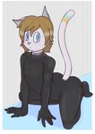 anthro blonde_hair blue_eyes clothing collar femboy glistening glistening_body grey_body hair kneeling latex latex_clothing latex_skinsuit male nipple_outline nipples rubber_clothing skinsuit solo tight_clothing graycatluna haley_(graycatluna) domestic_cat felid feline felis mammal absurd_res hi_res andromorph_(lore) nonbinary_(lore)