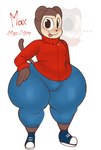 anthro big_butt blue_bottomwear blue_clothing blue_pants blush bottomwear brown_body brown_fur bulge butt clothed clothing fur hoodie huge_butt male pants red_clothing red_hoodie red_topwear solo tail text thick_thighs tight_clothing topwear bify max_design_pro twiddlefinger_(fnf_mod) max_(max_design_pro) haplorhine mammal monkey primate digital_media_(artwork) full-length_portrait portrait