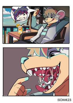 anthro beach beverage bodily_fluids drooling macro male micro mouth_shot nude open_mouth relaxing saliva size_difference snack teasing teeth tongue vore isohak23 jax_(sugarpunk) australian_possum canid canine canis mammal marsupial petaurid sugar_glider wolf absurd_res comic digital_media_(artwork) hi_res