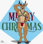 anthro antlers armpit_tuft blue_eyes clothed clothing fur hair harness horn jockstrap male muscular nipples pecs simple_background smile solo text topless topless_male underwear delta_dewitt ben_(delta_dewitt) deer mammal digital_media_(artwork) hi_res