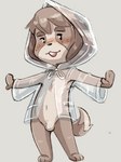 3_toes anthro balls brown_hair clothing coat embarrassed eyebrows feet flaccid freckles genitals hair half-closed_eyes looking_at_viewer male narrowed_eyes navel open_mouth penis raincoat raincoat_only simple_background solo tail teeth toes toony topwear translucent_raincoat young dandi animal_crossing nintendo digby_(animal_crossing) canid canine canis domestic_dog mammal 2019