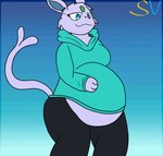 anthro anthro_pred belly big_belly bottomwear breasts clothed clothing death digestion fatal_vore female female/female female_pred fur gradient_background gradient_eyes hoodie one_eye_closed pants purple_body rapid_digestion simple_background smug_face solo struggling struggling_prey sweatpants tail thick_thighs tongue tongue_out topwear vore wink speedyvibes nintendo pokemon aura_(speedyvibes) eeveelution espeon generation_2_pokemon mammal pokemon_(species) animated digital_media_(artwork) short_playtime watermark