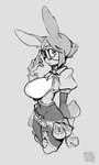 anthro belt big_breasts bottomwear breasts buckteeth clothing coat eyewear female fingerless_gloves glasses gloves handwear legwear long_ears pants side_profile simple_background solo tail teeth thigh_highs topwear foretbwat lagomorph leporid mammal rabbit 2024 hi_res monochrome