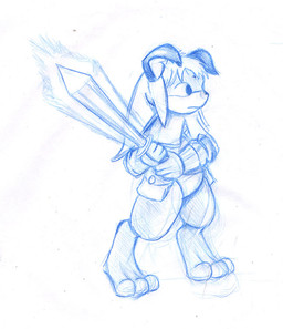 anthro armor clothed clothing female female_anthro floppy_ears gloves hair handwear holding_melee_weapon holding_object holding_sword holding_weapon long_hair melee_weapon mouth_closed simple_background solo standing sword weapon pandapaco canid canine mammal full-length_portrait monochrome portrait sketch