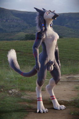 animal_genitalia anthro balls fur genitals grey_body grey_fur male multicolored_body multicolored_fur nude sheath solo tail two_tone_body two_tone_fur white_body white_fur arceronth gahiji_jager_(mr.edoesart) sergal 2:3 3d_(artwork) digital_media_(artwork) hi_res