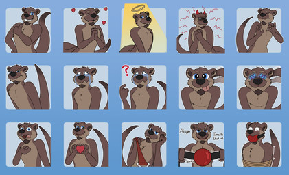 ball_gag bdsm blue_eyes bondage bound brown_body brown_fur dominant facial_hair first_person_view fur gag gagged leash leash_pull looking_at_viewer outline submissive tail tan_body tan_fur telegram_sticker ollieotty ollie_the_otter mammal mustelid otter hi_res