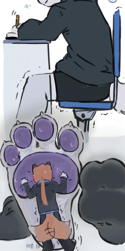 4_toes anthro claws dirty dirty_feet duo extreme_size_difference feet foot_fetish foot_focus foot_play male male/male micro pawpads paws size_difference soles text toe_claws toes under_table underfoot chengxiansenowu hi_res translation_request