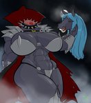 abs anthro armor biceps big_breasts blue_eyes blue_hair bone bracers breasts cape choker clothing collar detachable detachable_head female fog fur gore grey_body grey_fur hair headless holding_head holidays huge_breasts jewelry looking_at_viewer midriff muscular muscular_anthro muscular_female necklace night pecs popped_collar smile solo spiked_collar spikes stump thick_thighs torn_clothing unconvincing_armor tyrannozilla european_mythology halloween irish_mythology mythology komari_azuul_(character) dullahan equid equine horse mammal 2014