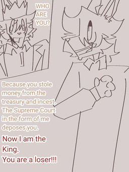 anthro clothing court crown dialogue duo headgear hierarchy_play king kingdom loser male male/male politics rebel royalty shirt surprised surprised_face text topwear rudolfikbaby hybrid lagomorph leporid mammal rabbit 3:4 absurd_res comic english_text hi_res