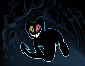 abstract_background ambiguous_gender antlers black_body black_fur bone detailed_background feral fur grin heterochromia horn pink_eyes quadruped skeleton skull smile smiling_at_viewer solo spade_tail tail teeth_showing three-quarter_view toony yellow_eyes fernshawart deltarune undertale_(series) friend_(deltarune) domestic_cat felid feline felis mammal 2025 digital_media_(artwork) digital_painting_(artwork) english_description full-length_portrait painting_(artwork) portrait