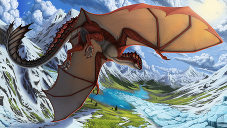 ambiguous_gender day detailed_background digitigrade dipstick_nose feral grass ice membrane_(anatomy) membranous_wings outside plant red_body red_scales scales sky snow solo sun tail thick_tail tree valley wings keltaan european_mythology mythology khyaber_(character) dragon mythological_creature mythological_scalie scalie western_dragon wyvern 16:9 2020 absurd_res digital_media_(artwork) hi_res widescreen