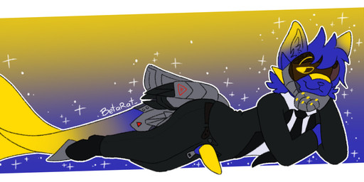 anthro armor belt black_tie_(suit) blue_body blue_fur clothing erection footwear fur genitals gradient gradient_fur hand_under_chin lying male penis penis_poking_out shark_tail shoes smile solo suit yellow_body yellow_fur zipper betarat aquatic felid feline fish hybrid mammal shark absurd_res hi_res