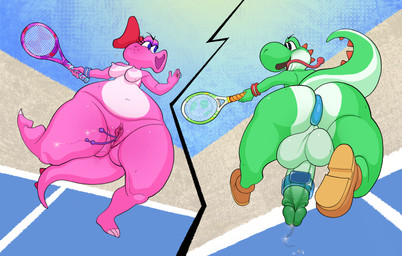 accessory anal anal_penetration anthro areola backsack balls blush bodily_fluids bow_(feature) bow_ribbon breasts buttplug buttplug_in_ass buttplug_insertion casual_masturbation clothed clothing cock_ring cock_ring_vibrator duo erection exercise eyelashes female footwear footwear_only genitals green_body hair_accessory hair_bow hair_ribbon jewelry male masturbation mostly_nude nipples nude object_in_ass open_mouth partially_clothed penetration penis penis_accessory penis_jewelry pink_body plug_(sex_toy) plug_insertion public ribbons ring_vibrator sex_toy sex_toy_in_ass sex_toy_insertion shoes shoes_only siphon_(anatomy) sweat tennis_racket tongue tongue_out vaginal vibrator vulva kaboozey mario_bros nintendo birdo_(character) yoshi_(character) birdo green_yoshi pink_birdo yoshi 2022 digital_media_(artwork) hi_res