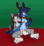 3_toes alternate_species anthro anthro_on_anthro anthro_penetrated anthro_penetrating anthro_penetrating_anthro antlers balls bell bell_collar belly_tuft big_balls big_penis black_antlers black_hooves blue_body blue_fur blue_hair blue_nose blush bodily_fluids breasts brown_hair buckteeth chair_position collar cum cum_from_pussy cum_in_pussy cum_inside cum_on_penis duo eyewear eyewear_only fangs feet female female_on_top female_penetrated fingers from_behind_position fur genital_fluids genitals glasses glasses_only green_eyes grey_body grey_eyewear grey_fur grey_glasses grey_inner_ear grey_spots hair hooved_fingers hooves horn interspecies leaking_cum leg_grab looking_down male male/female male_on_bottom male_penetrating male_penetrating_female markings medium_breasts nipples nude on_bottom on_top open_mouth orgasm penetration penis pink_nipples pink_nose pink_penis pupils purple_eyes purple_pupils red_collar sex smile spots spotted_body spotted_fur teeth thigh_grab toes tuft wearing_glasses white_balls white_body white_fur yellow_sclera ultilix ulti_(ultilix) whaddon_(character) deer felid mammal new_world_deer pantherine reindeer snow_leopard 2022 hi_res