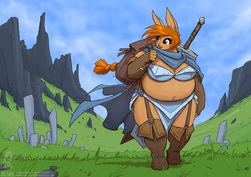 anthro backpack big_breasts boots braided_hair breasts brown_eyes cape cleavage clothed clothing cloud female footwear fur garter_straps grass hair melee_weapon obese obese_anthro obese_female outside overweight overweight_anthro overweight_female plant red_hair rock shoes sky solo sword tan_body tan_fur text walking weapon conditional_dnp jollyjack battle_bunnies bebo lagomorph leporid mammal rabbit 2020 url