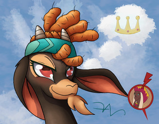 brown_body brown_fur clothing crown duo eyelashes female feral fur hair hat headgear headwear jewelry orange_hair pirate red_eyes regalia sky smile smirk toony wind swasfews them's_fightin'_herds captain_bravura_(tfh) shanty_(tfh) bovid caprine goat mammal 2022 bust_portrait digital_drawing_(artwork) digital_media_(artwork) hi_res portrait