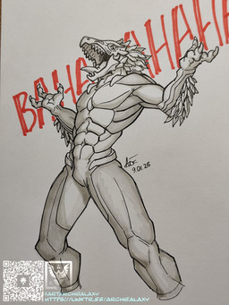 3_fingers abs anthro arm_feathers arm_tuft beak bodysuit claws clothing feather_hair feathered_crest feathers finger_claws fingers head_crest laugh male muscular muscular_anthro muscular_male pseudo_hair sharp_teeth skinsuit solo teeth tight_clothing tuft archigalaxy halo_(series) microsoft xbox_game_studios alien avian kig-yar scalie t'vaoan 2025 hi_res sketch traditional_media_(artwork)