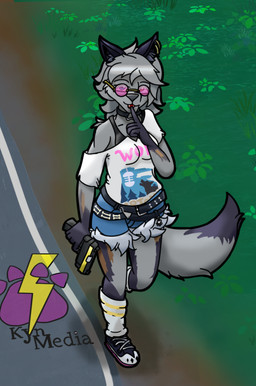 anthro bottomwear breasts clothing collar ear_piercing ear_ring eyewear female fur glasses grey_body grey_fur gun heterochromia looking_at_viewer piercing ranged_weapon ring_piercing shorts shush solo weapon kynmedia epic_games fortnite wolfie_(fortnite) canid canine canis mammal wolf absurd_res hi_res