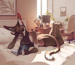 5_fingers anthro barefoot bed bedding biped book bottomwear breasts brown_body brown_fur butt chair clothed clothing desk dipstick_tail electronics feet female fingers fur furniture head_on_hand inner_ear_fluff inside lamp looking_down lying lying_on_bed markings medium_breasts midriff monitor office_chair on_bed on_front pants plant plant_pot plantigrade potted_plant reading solo table tail tail_markings tuft window bluekiwi101 domestic_cat felid feline felis mammal 2025 digital_drawing_(artwork) digital_media_(artwork) full-length_portrait hi_res portrait