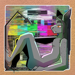 anthro big_ears black_nails claws colored_nails electronics fangs glitch grey_body grey_skin hair long_hair looking_away lying male nails orange_eyes screen solo spade_tail sticker tail teeth television tv_test_pattern unimpressed vesper_thee_bat vesper_thee_bat_(character) bat mammal 1:1 2026 absurd_res cel_shading hi_res shaded