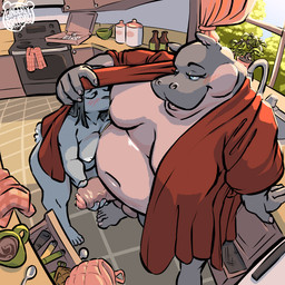 5_fingers anthro appliance areola balls bathrobe bedroom_eyes belly beverage big_balls big_belly big_breasts blush bottle box breasts candy chocolate clothing container countershading curtains_open cutlery deep_navel dessert duo eyes_closed female fingers fluffy fluffy_tail food foreskin genitals glistening glistening_belly grey_body gynomorph gynomorph/female hair hand_on_head hand_on_penis handjob handwear hot_chocolate intersex intersex/female kitchen kitchen_appliance kitchen_utensils light long_hair looking_at_another looking_at_partner narrowed_eyes navel nipple_fetish nipple_play nipple_suck nipples oven oven_mitts overweight overweight_gynomorph overweight_intersex penile penis pizza_box plant plant_pot potted_plant red_bathrobe red_clothing red_robe robe seductive sex sink size_difference spoon sucking sunlight tail thick_penis tools window gingerlybreadart ellie_(gingerlybreadart) janice_(gingerlybreadart) common_hippopotamus hippopotamid mammal 1:1 2025 hi_res trans_(lore) trans_woman_(lore)