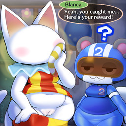 accessory anthro armor blush breasts clothed clothing confusion face_squish faceless_character female genitals headgear helmet lowered_pants partially_clothed presenting presenting_vulva spandex speech_bubble squish text thick_thighs tight_clothing vulva wide_hips cherrobojo animal_crossing nintendo agent_s_(animal_crossing) blanca_(animal_crossing) domestic_cat felid feline felis mammal rodent sciurid tree_squirrel 1:1 artist_name hi_res